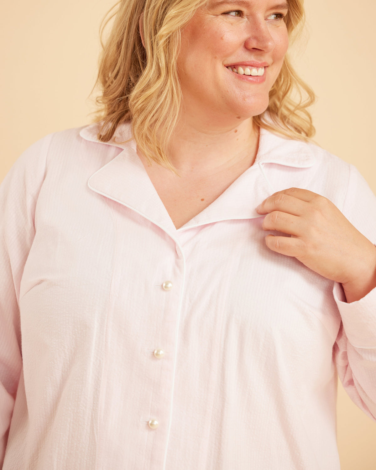 Cashmerette Fiske Sleepwear Set PDF sewing pattern, woman wearing a light pink shirt