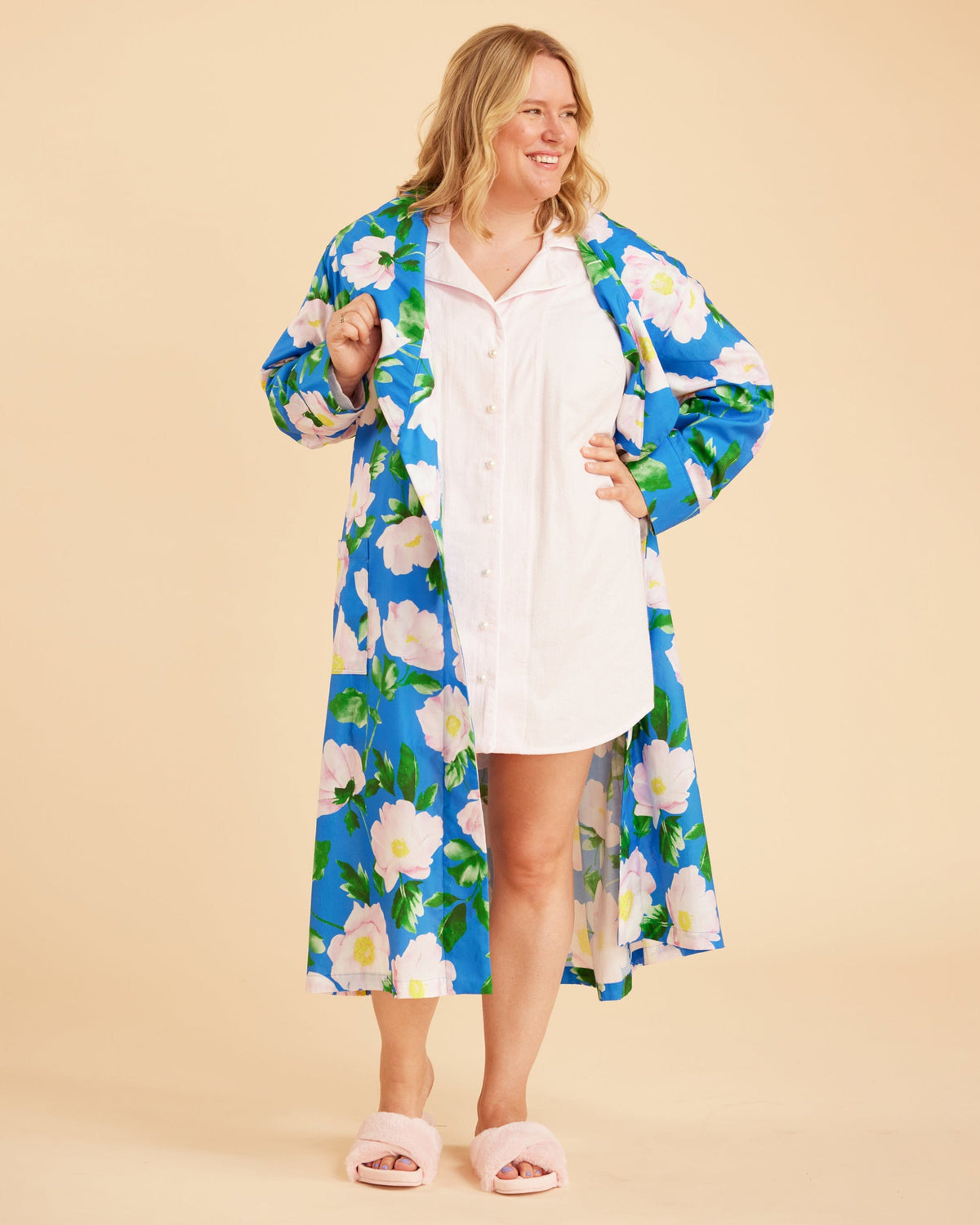 Cashmerette Fiske Sleepwear Set PDF sewing pattern, woman wearing a blue floral robe over a white dress