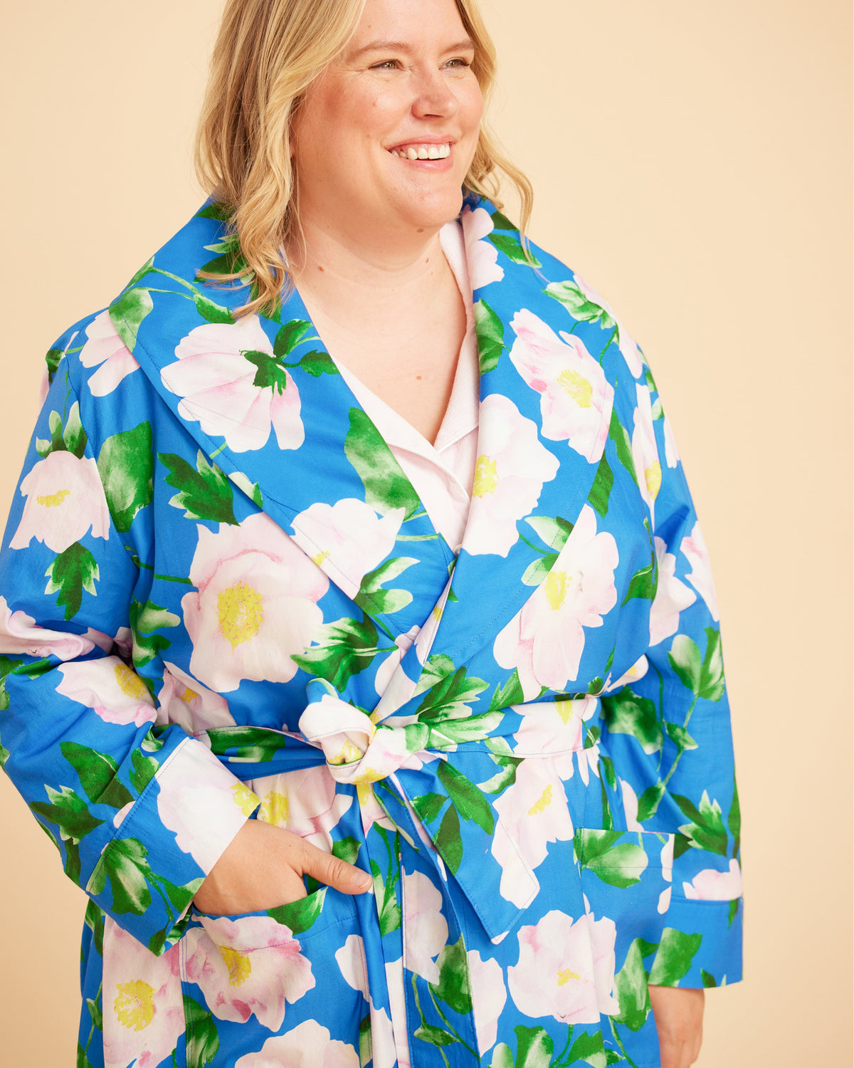 Cashmerette Fiske Sleepwear Set PDF sewing pattern, woman wearing a blue floral robe, close-up
