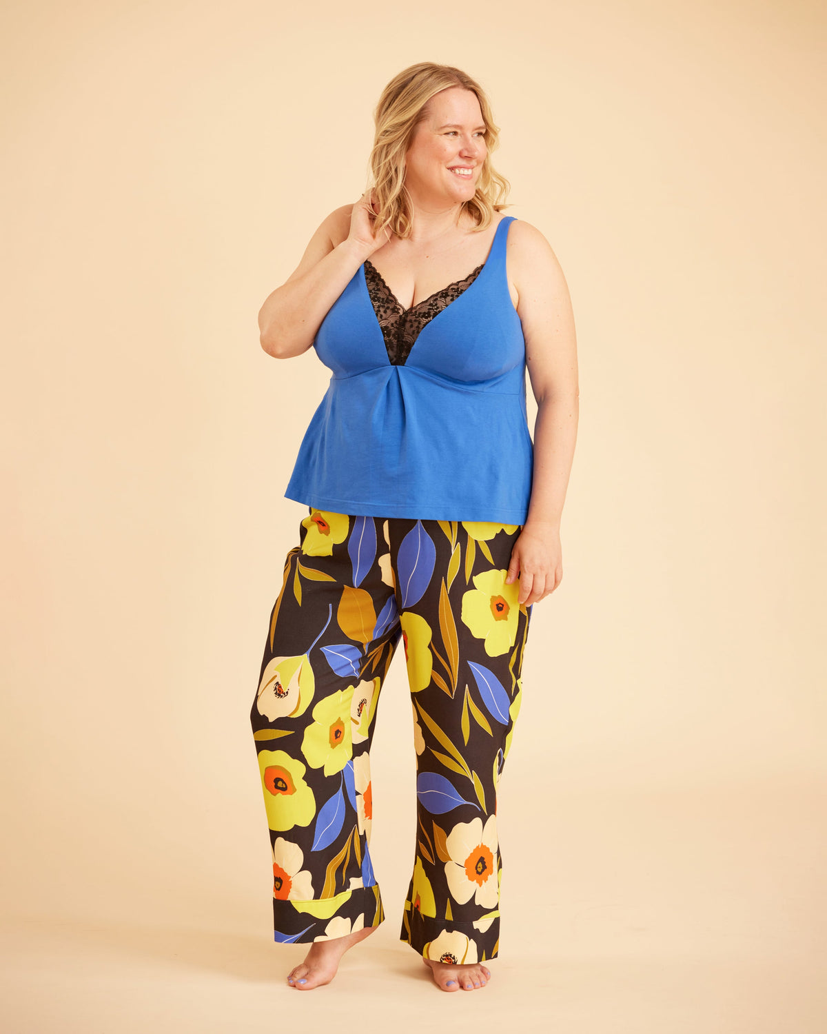 Cashmerette Fiske Sleepwear Set PDF sewing pattern, woman wearing a blue top and floral pants