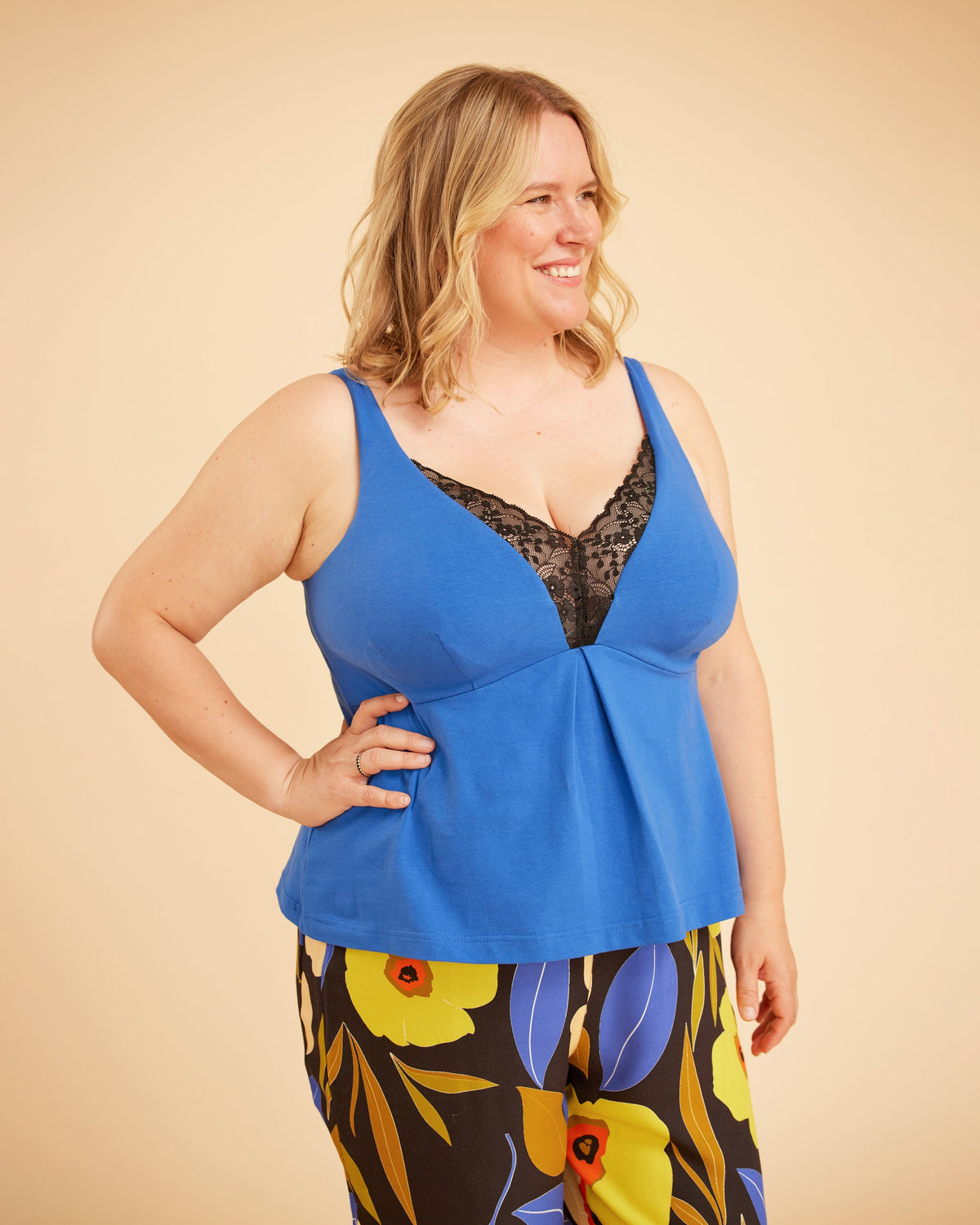 Cashmerette Fiske Sleepwear Set PDF sewing pattern, woman wearing a blue top with floral pants
