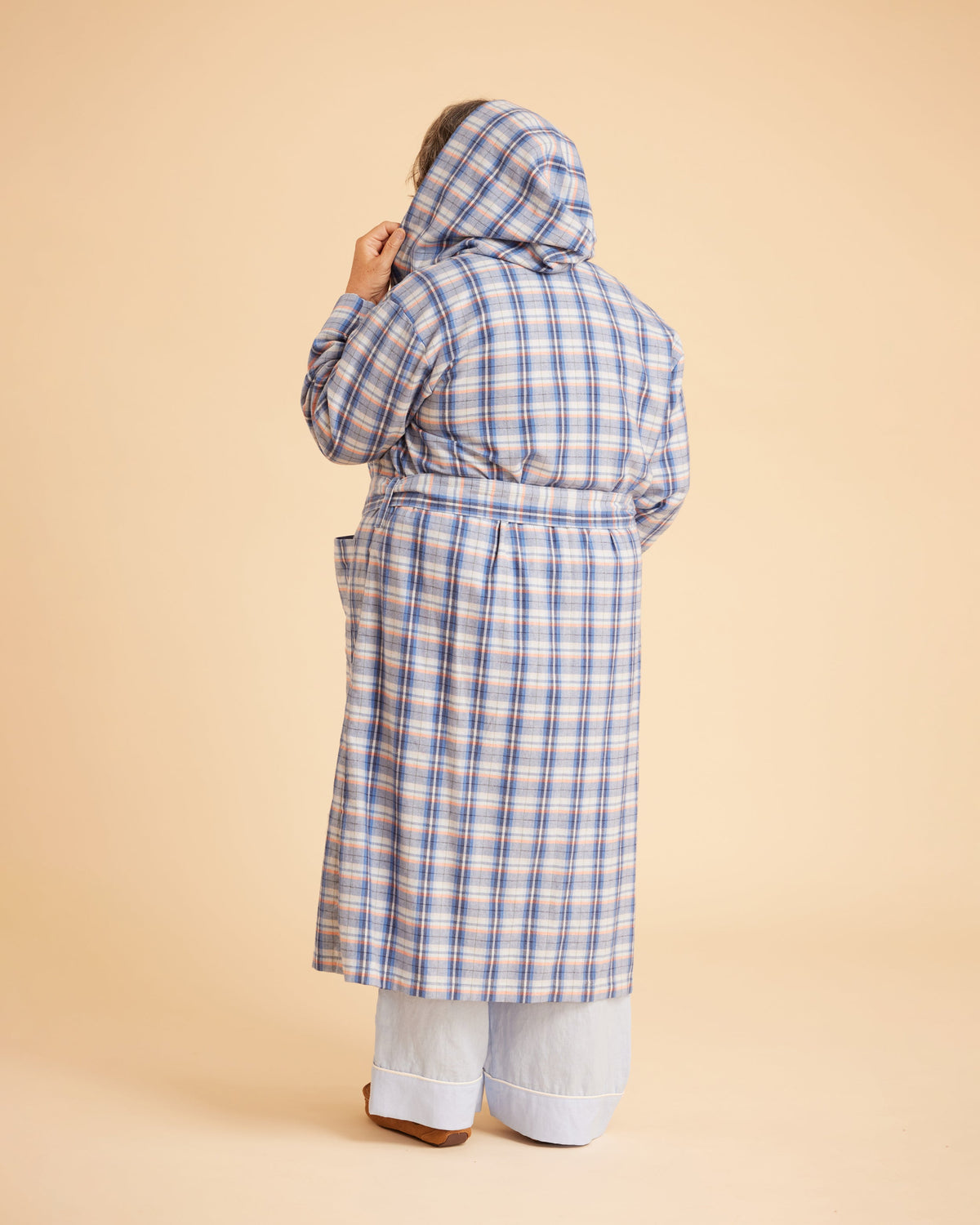 Cashmerette Fiske Sleepwear Set PDF sewing pattern, person wearing a blue plaid coat