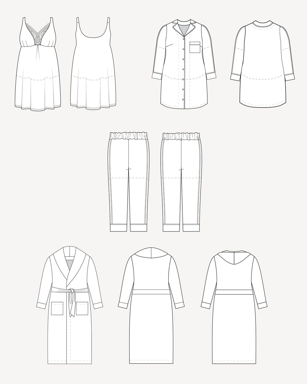 Cashmerette Fiske Sleepwear Set PDF sewing pattern, set of black line drawings of various clothing items