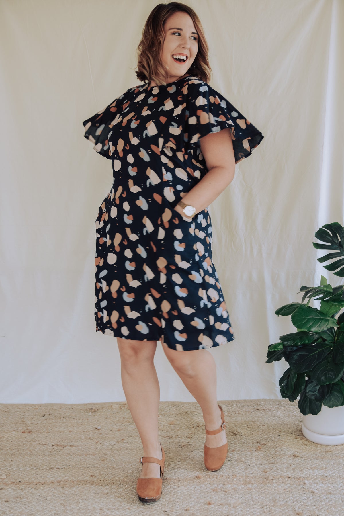 Sew to Grow Frankie Shift and Top PDF sewing pattern, floral shift dress side view