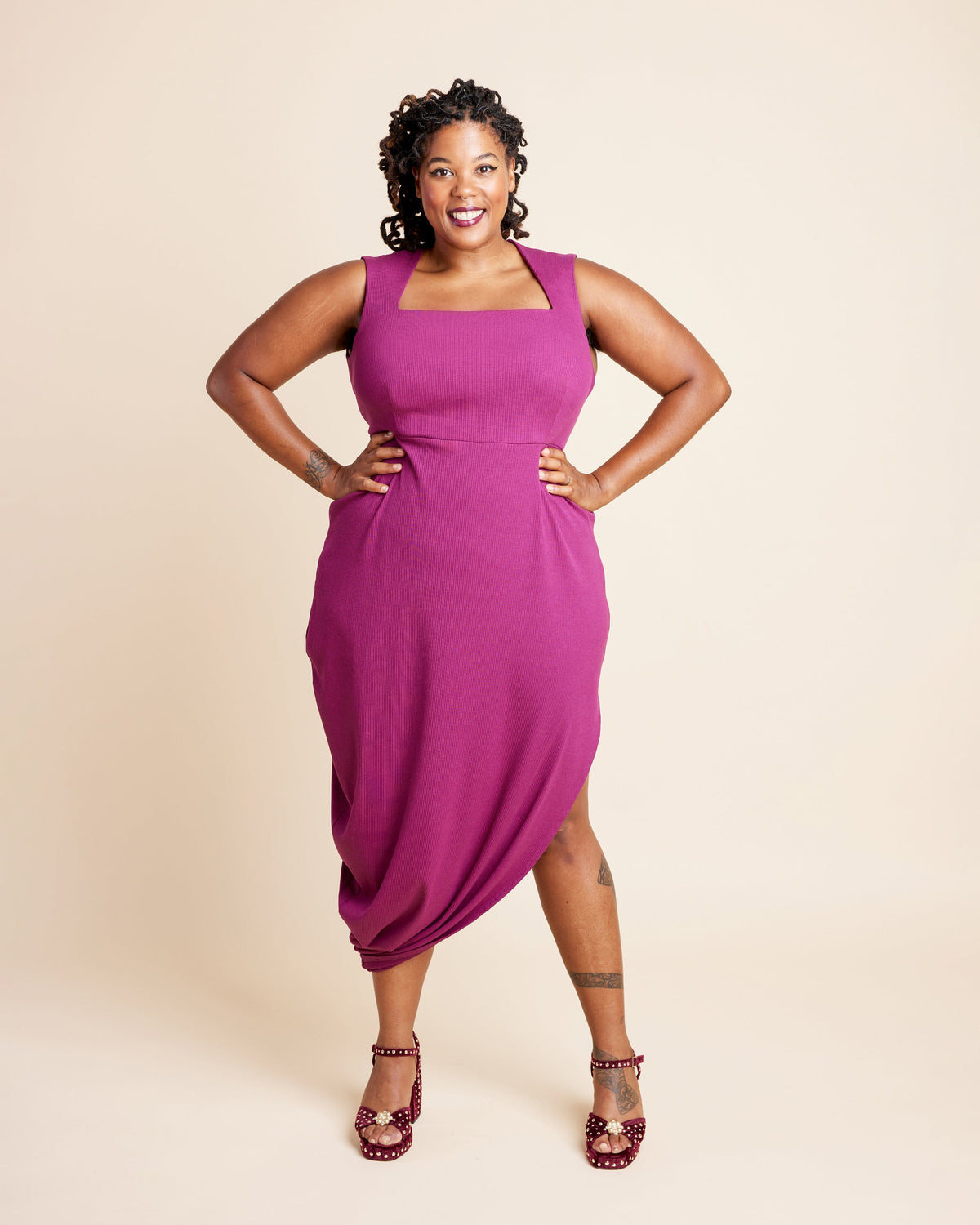 Cashmerette Grafton Dress, Top and Skirt PDF sewing pattern, woman wearing a magenta dress, magenta fitted version