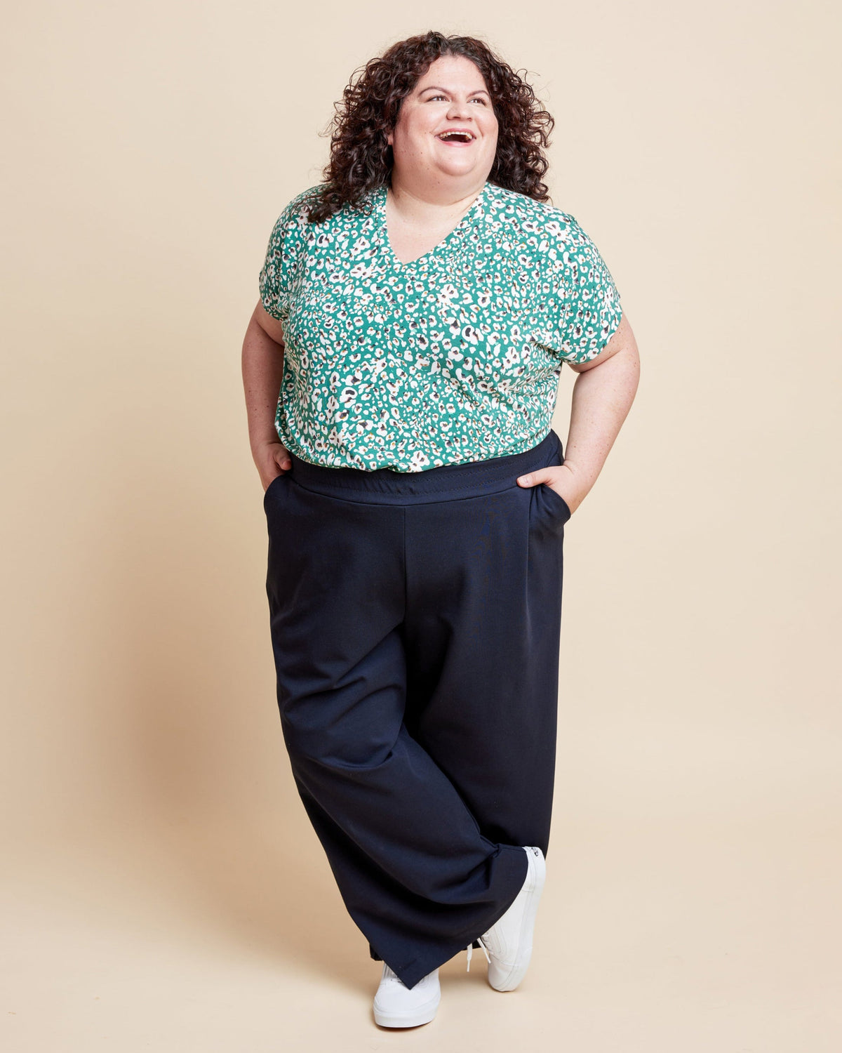 Cashmerette Grafton Dress, Top and Skirt PDF sewing pattern, woman wearing a floral top and dark pants