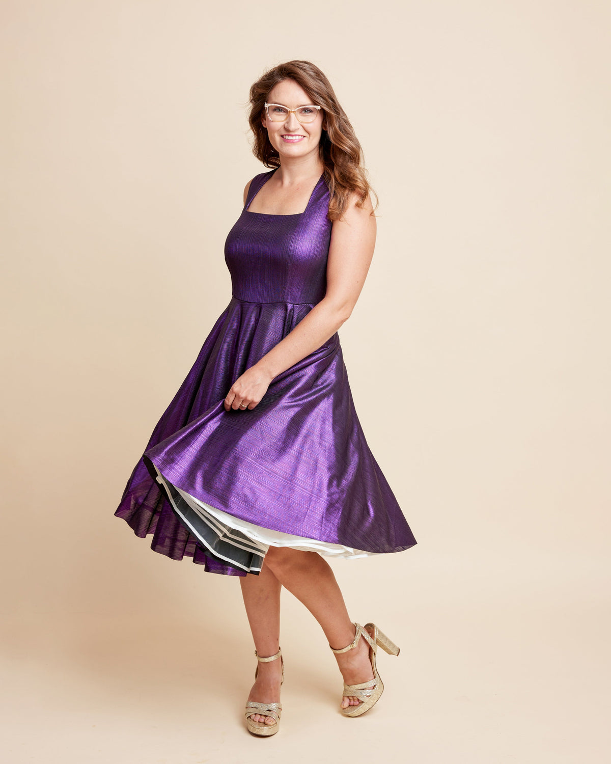Cashmerette Grafton Dress, Top and Skirt PDF sewing pattern, woman wearing a purple dress, purple version