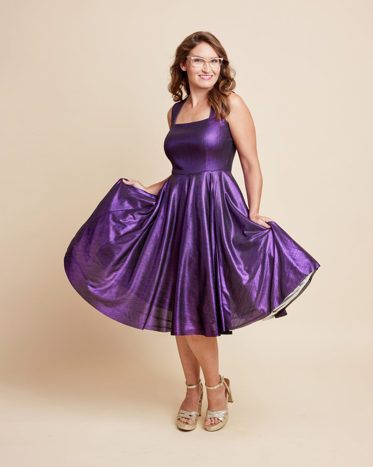 Cashmerette Grafton Dress, Top and Skirt PDF sewing pattern, woman wearing a purple dress, purple full skirt view