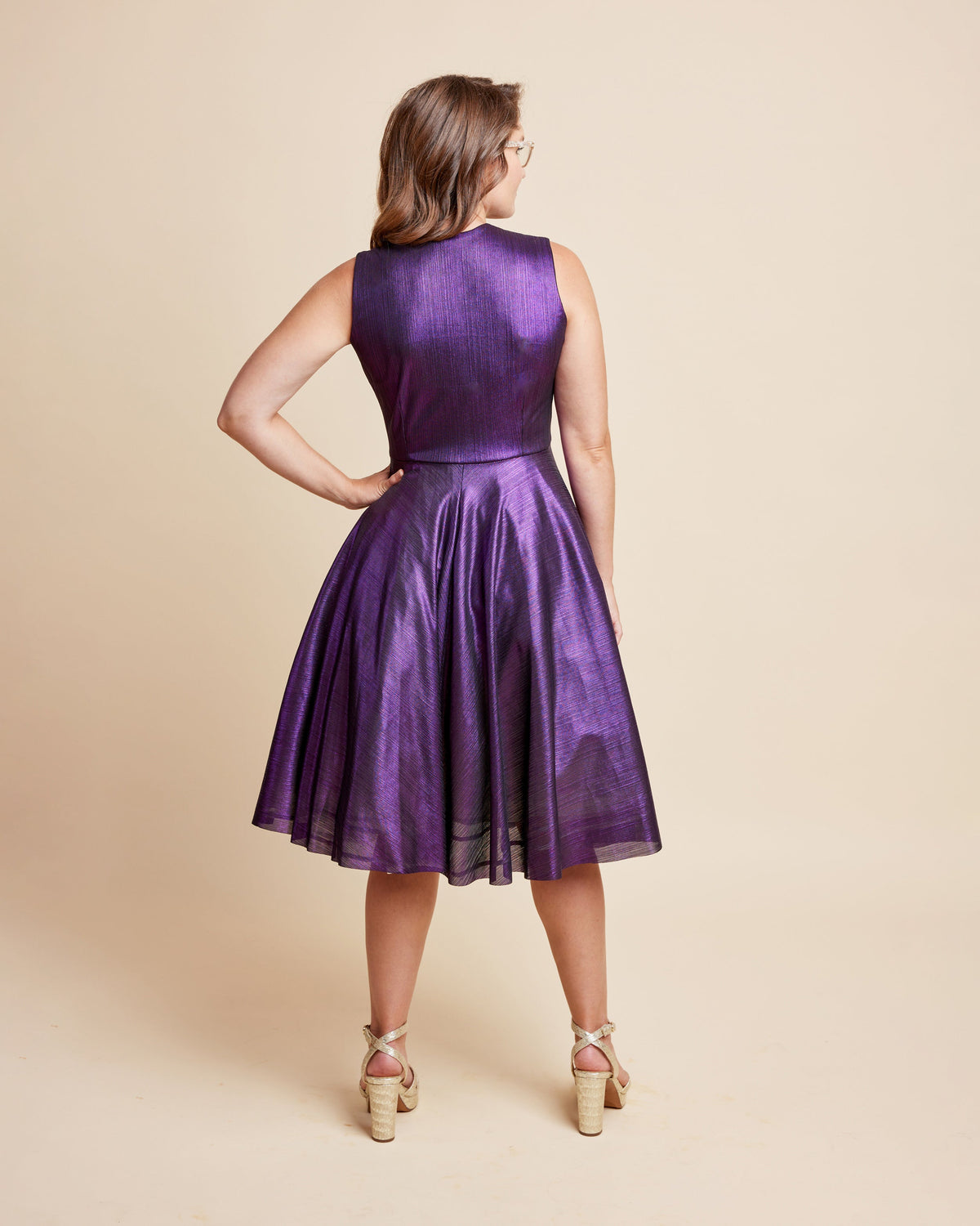 Cashmerette Grafton Dress, Top and Skirt PDF sewing pattern, woman wearing a purple dress, back view