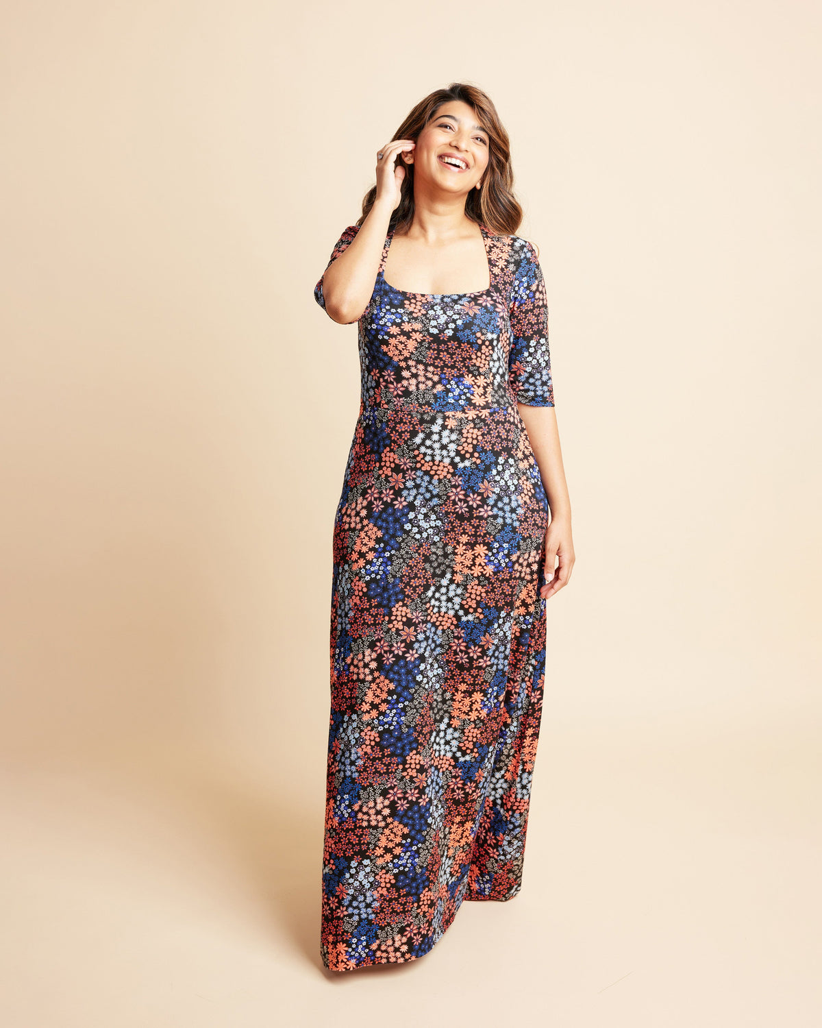 Cashmerette Grafton Dress, Top and Skirt PDF sewing pattern, woman wearing a floral dress, full length