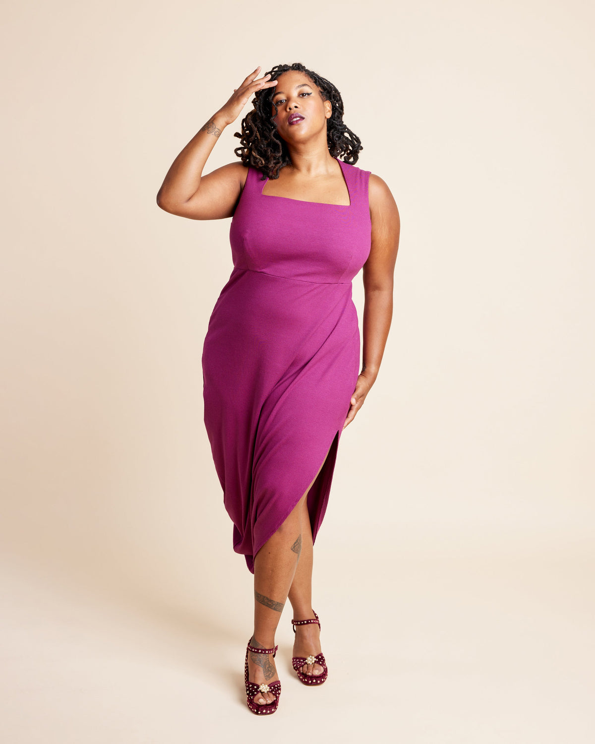Cashmerette Grafton Dress, Top and Skirt PDF sewing pattern, woman wearing a magenta dress, magenta version