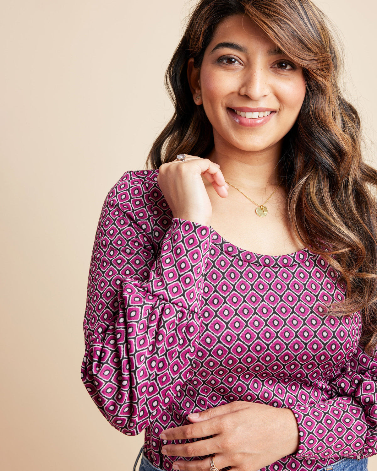 Cashmerette Grafton Dress, Top and Skirt PDF sewing pattern, woman wearing a patterned pink blouse