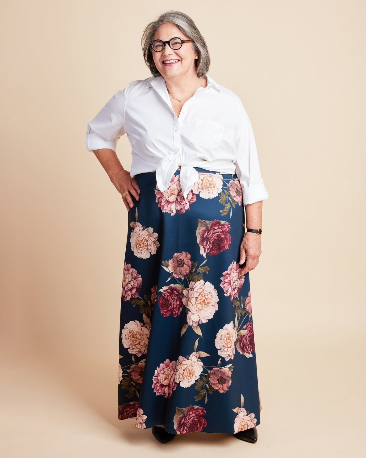Cashmerette Grafton Dress, Top and Skirt PDF sewing pattern, woman wearing a white blouse and floral skirt, with a white shirt