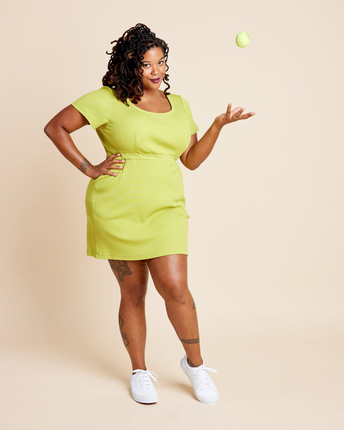 Cashmerette Grafton Dress, Top and Skirt PDF sewing pattern, woman wearing a bright green dress