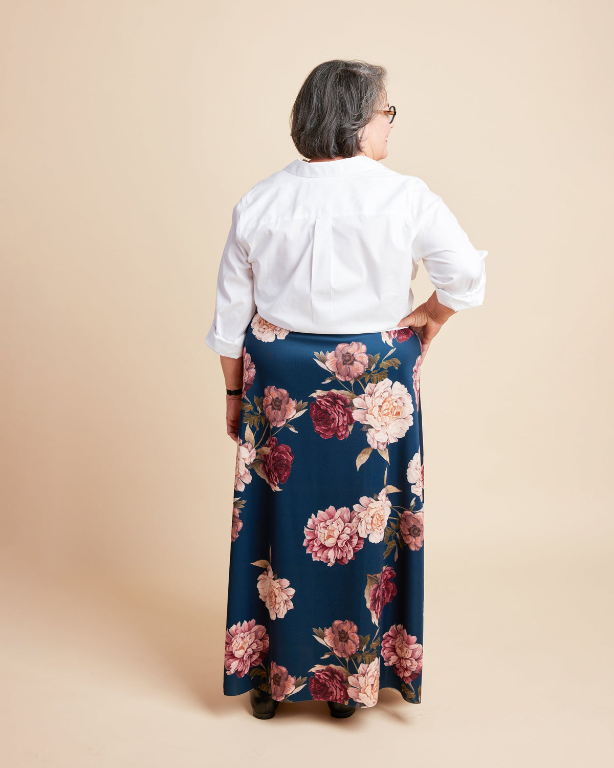 Cashmerette Grafton Dress, Top and Skirt PDF sewing pattern, person wearing a white blouse and floral skirt