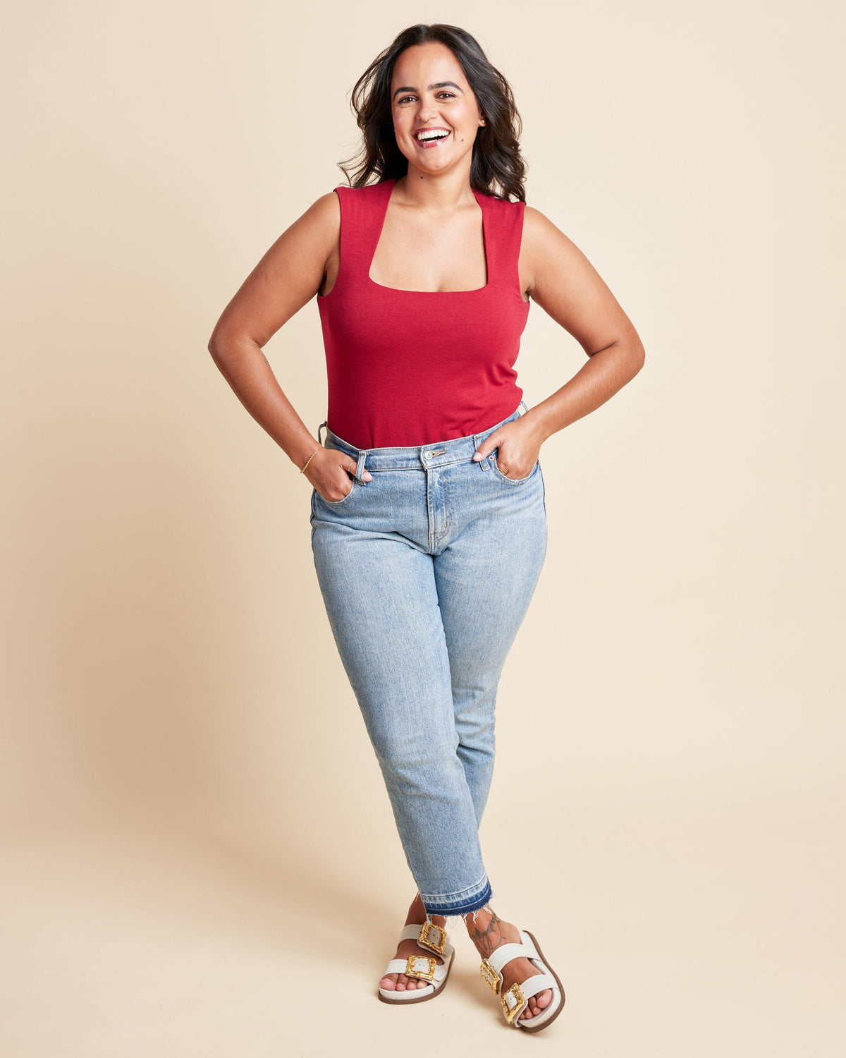 Cashmerette Grafton Dress, Top and Skirt PDF sewing pattern, woman wearing a red tank top and blue jeans