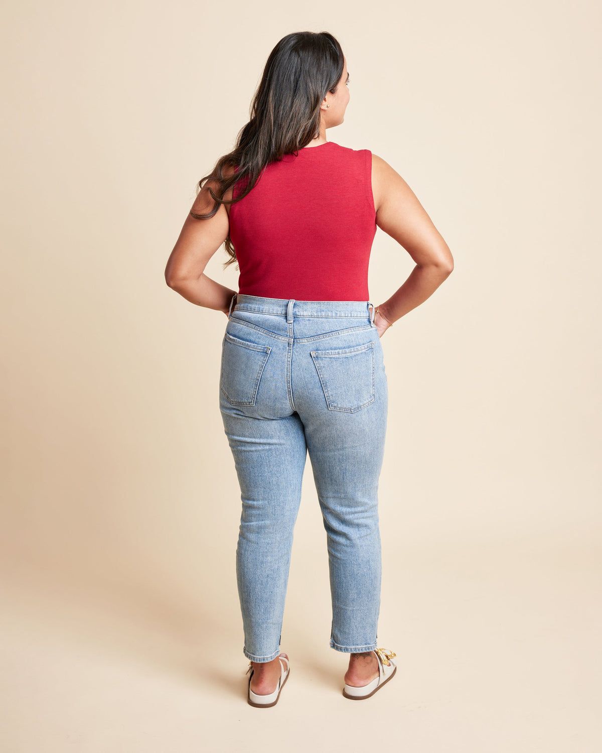 Cashmerette Grafton Dress, Top and Skirt PDF sewing pattern, woman wearing a red sleeveless top and light blue jeans