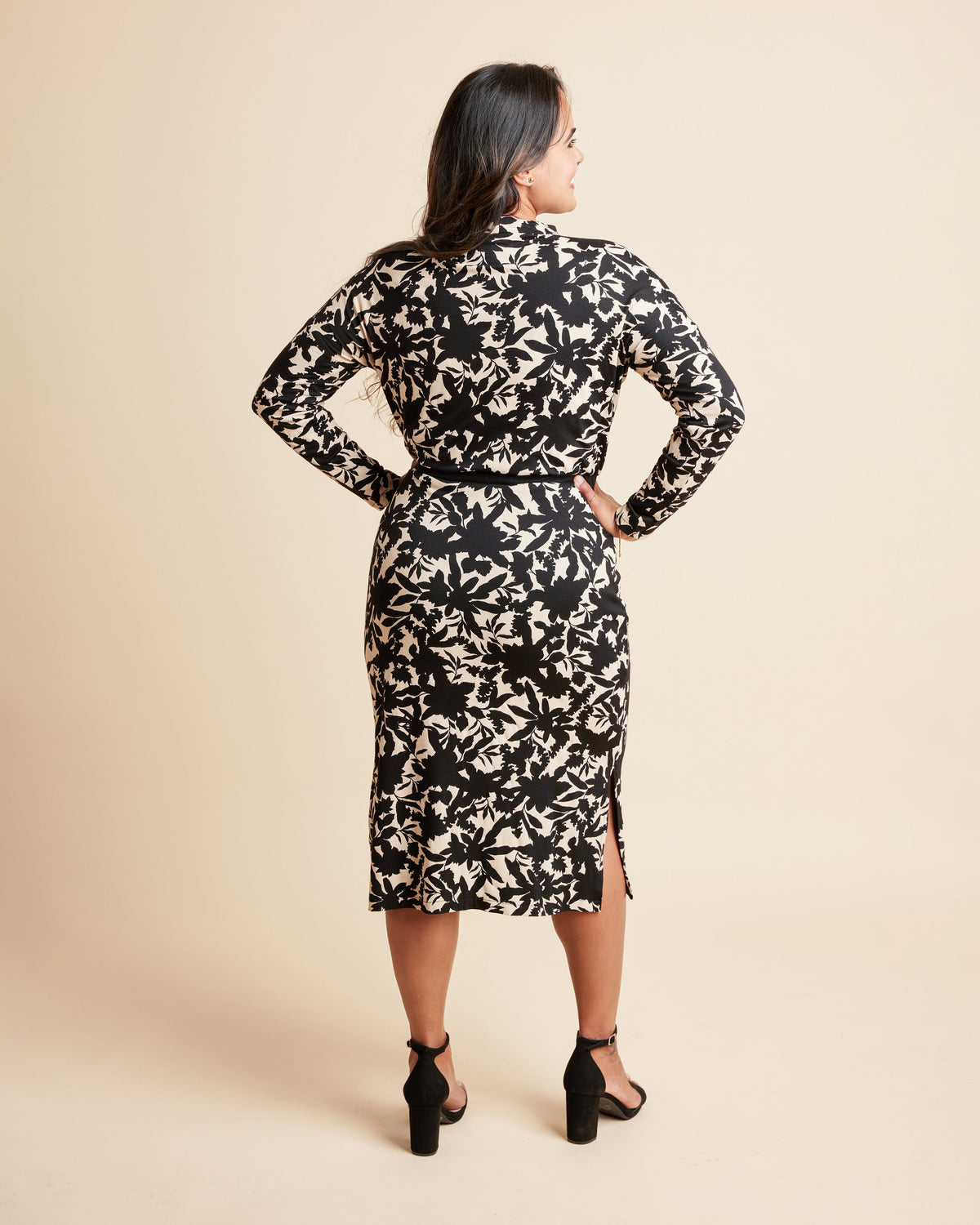 Cashmerette Grafton Dress, Top and Skirt PDF sewing pattern, woman wearing a black and beige floral dress