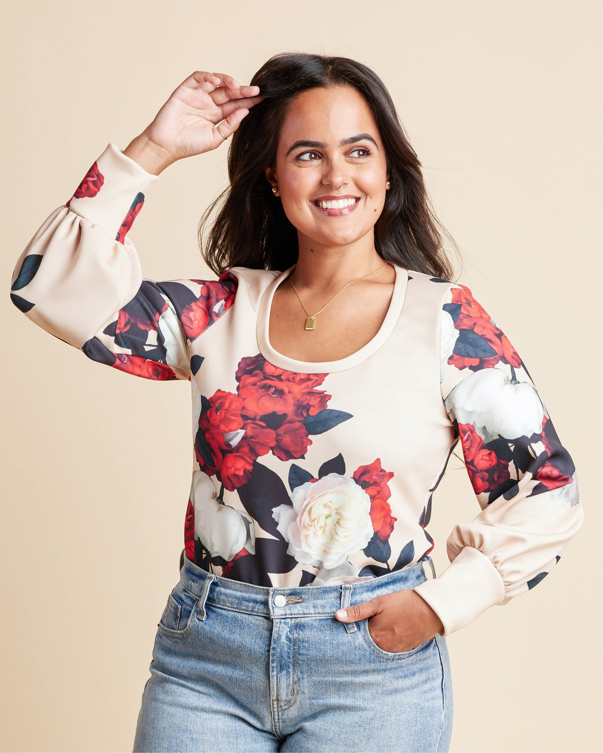 Cashmerette Grafton Dress, Top and Skirt PDF sewing pattern, woman wearing a floral blouse