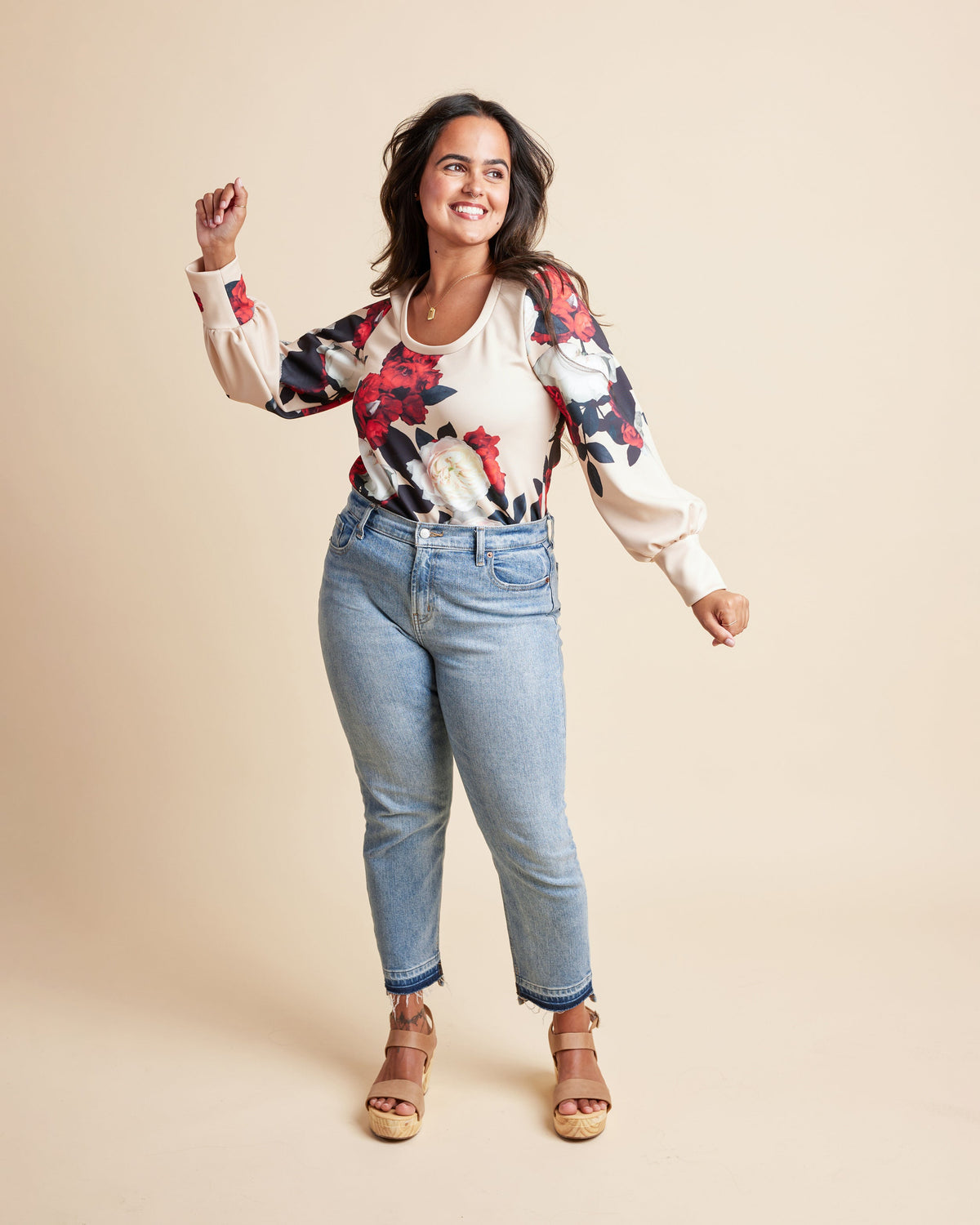 Cashmerette Grafton Dress, Top and Skirt PDF sewing pattern, woman wearing a floral blouse and jeans