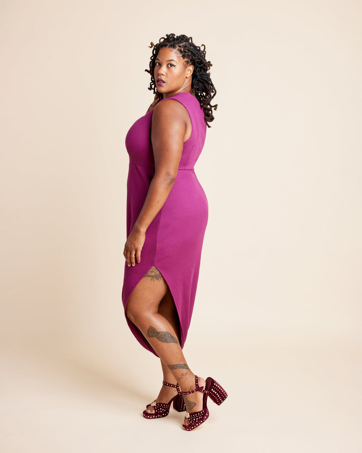 Cashmerette Grafton Dress, Top and Skirt PDF sewing pattern, woman wearing a magenta dress, side view