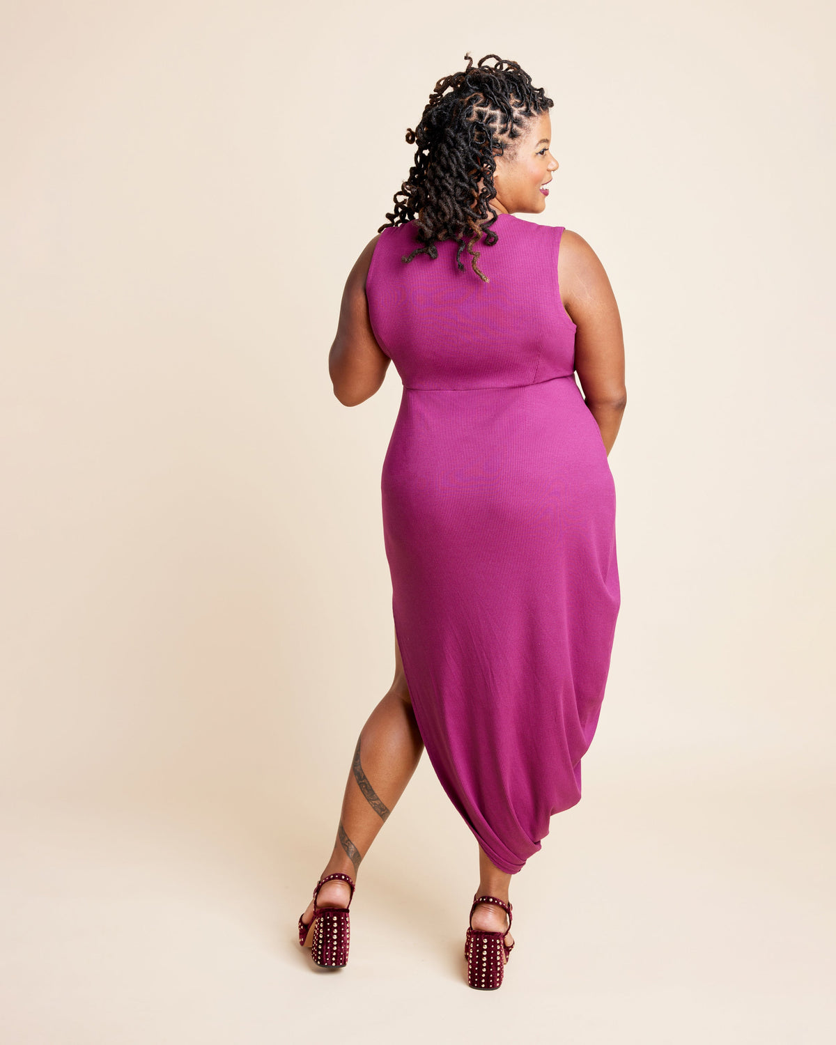 Cashmerette Grafton Dress, Top and Skirt PDF sewing pattern, woman wearing a magenta sleeveless dress