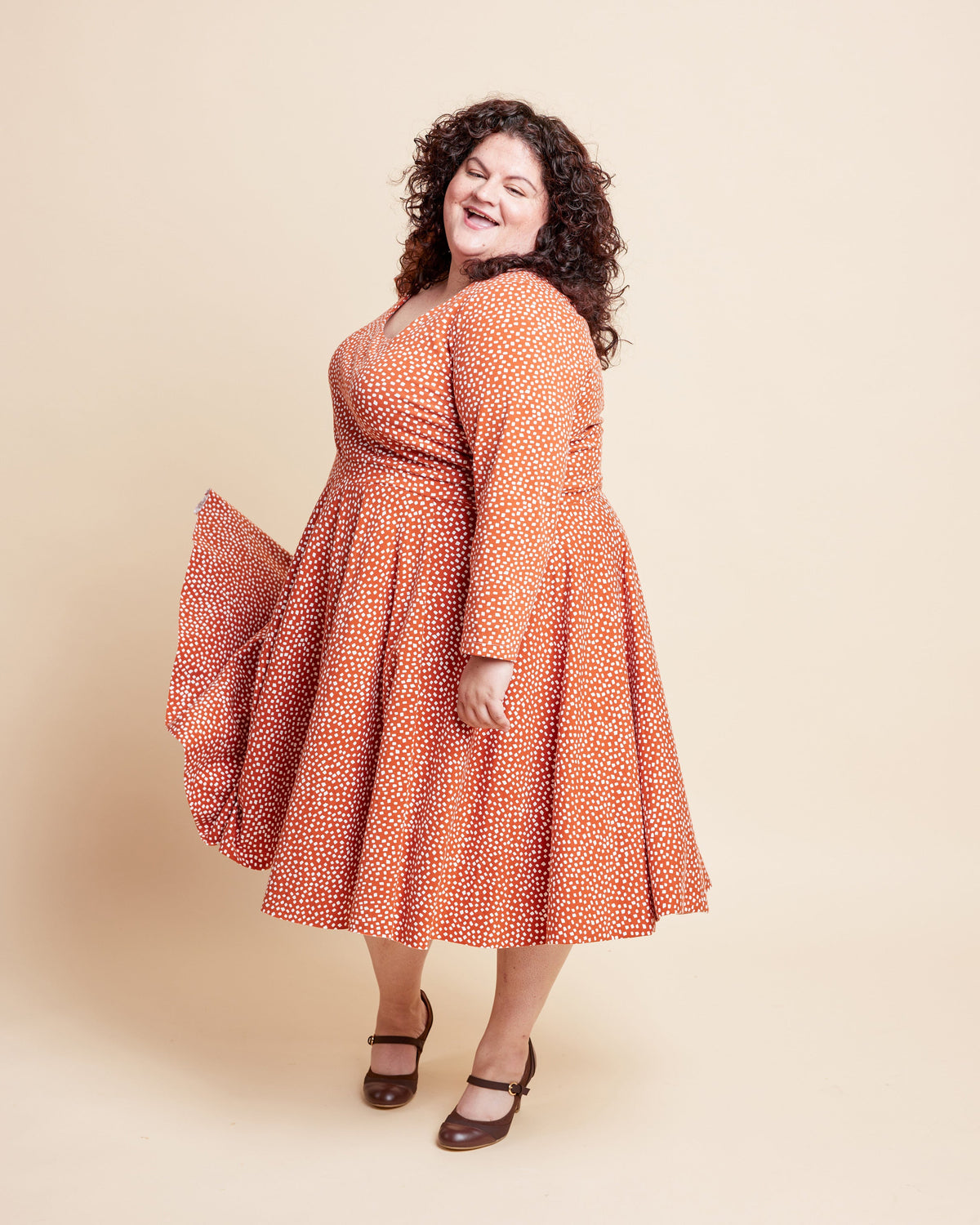 Cashmerette Grafton Dress, Top and Skirt PDF sewing pattern, woman wearing a red floral dress
