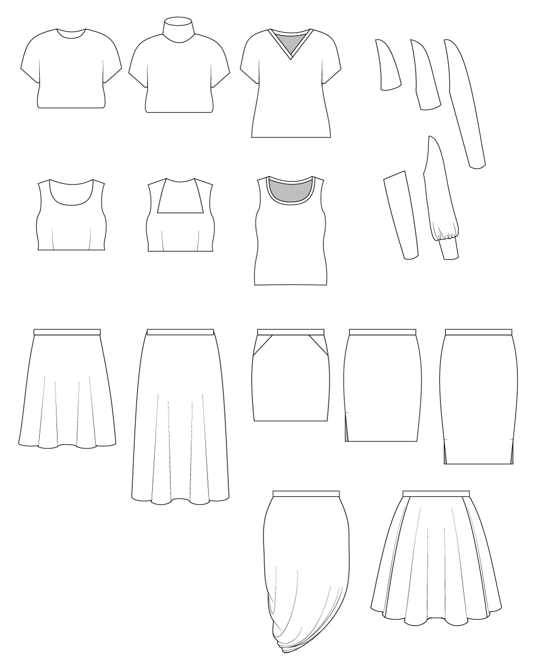 Cashmerette Grafton Dress, Top and Skirt PDF sewing pattern, line drawings of various clothing items including shirts, tops, and skirts.. This is the