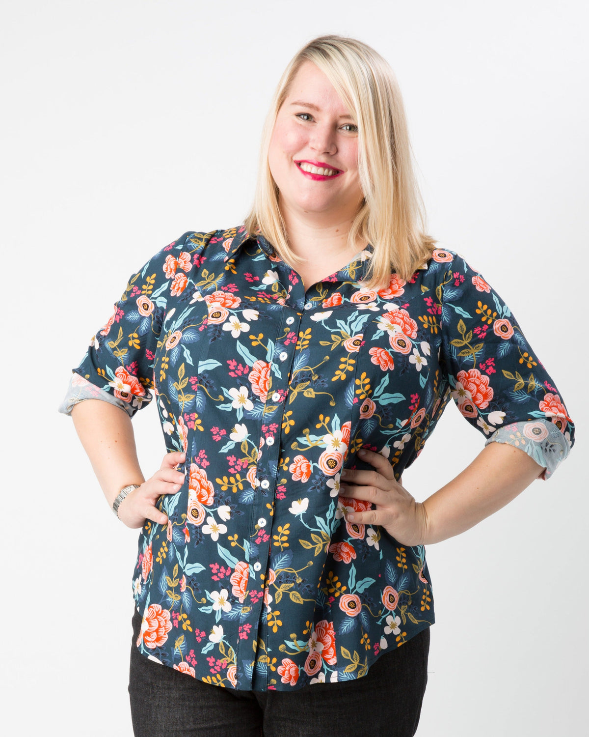 Cashmerette Harrison Shirt PDF sewing pattern, woman wearing a floral patterned shirt