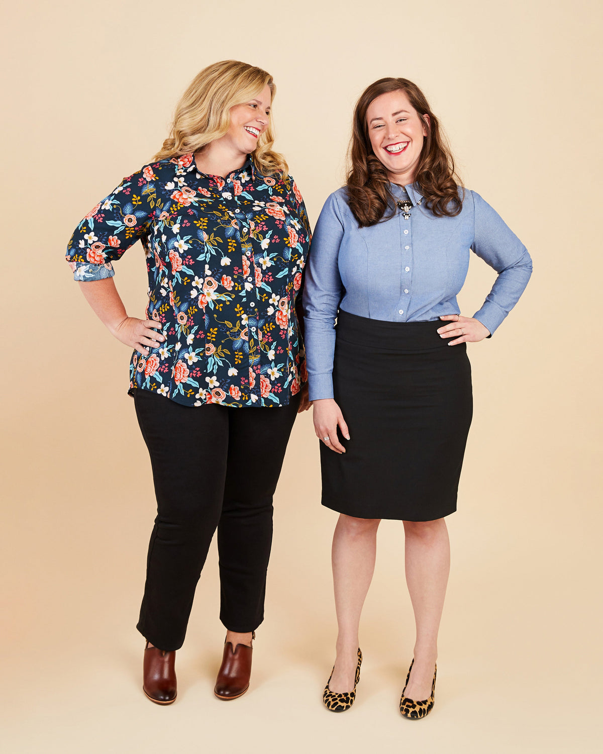 Cashmerette Harrison Shirt PDF sewing pattern, two women standing side by side, wearing colorful shirts and black pants.. This button-up shirt is the