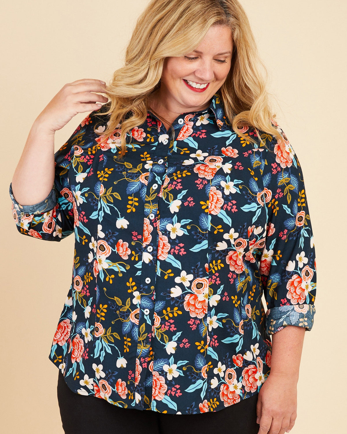 Cashmerette Harrison Shirt PDF sewing pattern, woman wearing a floral blouse