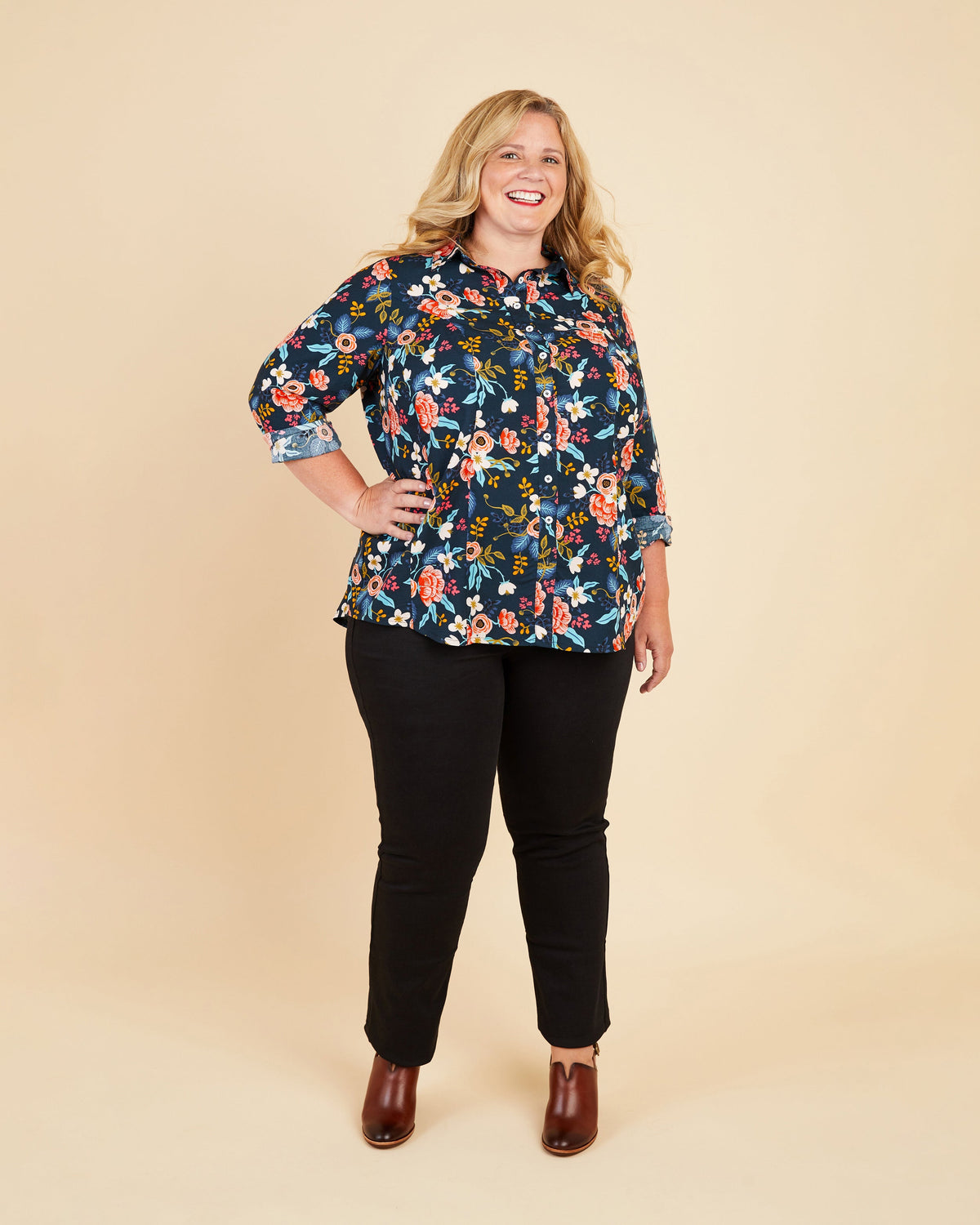 Cashmerette Harrison Shirt PDF sewing pattern, woman wearing a floral blouse and black pants, front view
