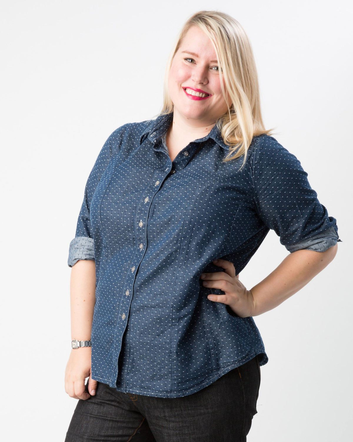 Cashmerette Harrison Shirt PDF sewing pattern, woman wearing a blue patterned shirt