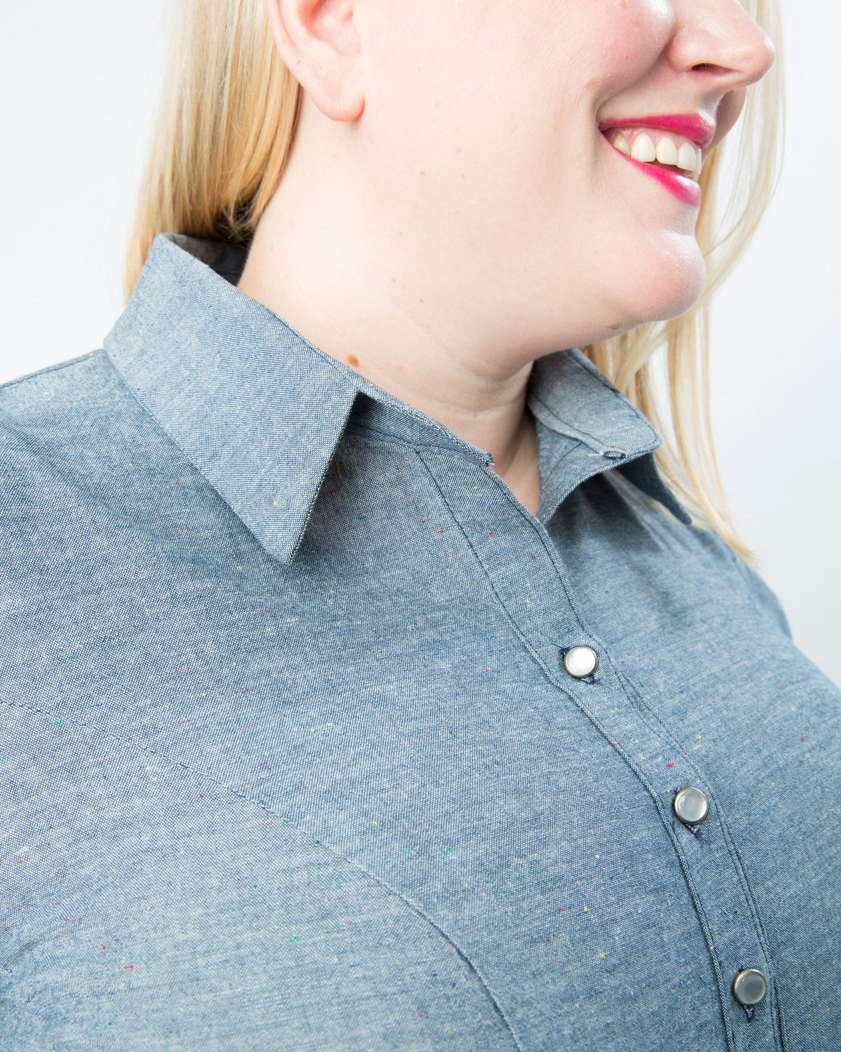 Cashmerette Harrison Shirt PDF sewing pattern, person wearing a blue shirt with a collar