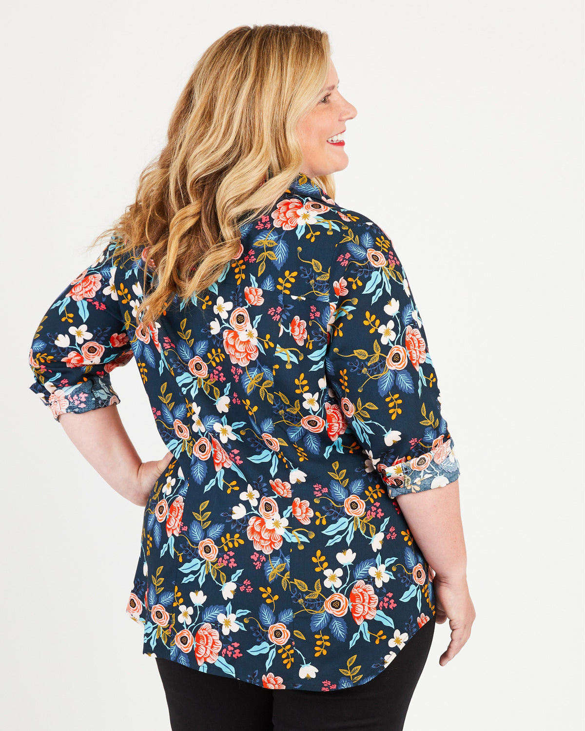 Cashmerette Harrison Shirt PDF sewing pattern, woman wearing a navy floral blouse