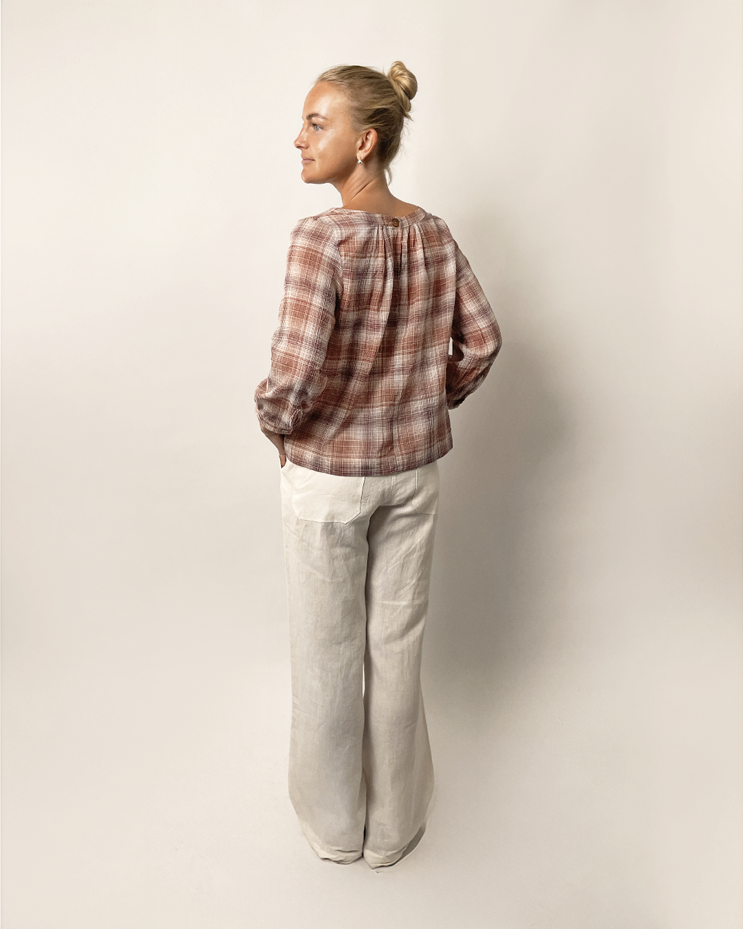 Wardrobe By Me High Waist Pants PDF sewing pattern, cream pants front view