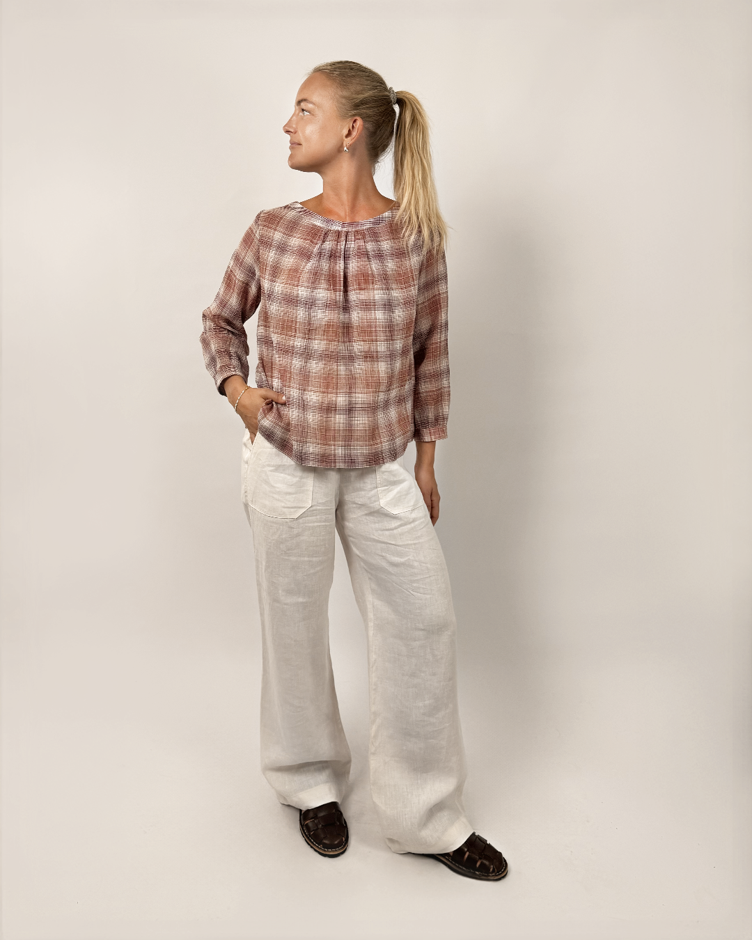 Wardrobe By Me High Waist Pants PDF sewing pattern, model in a red top and high waist pants
