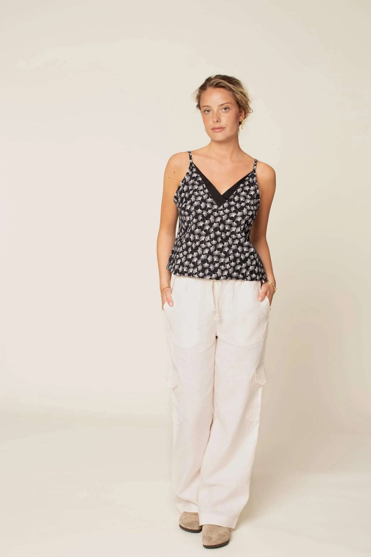 Wardrobe By Me High Waist Pants PDF sewing pattern, model in cream pants