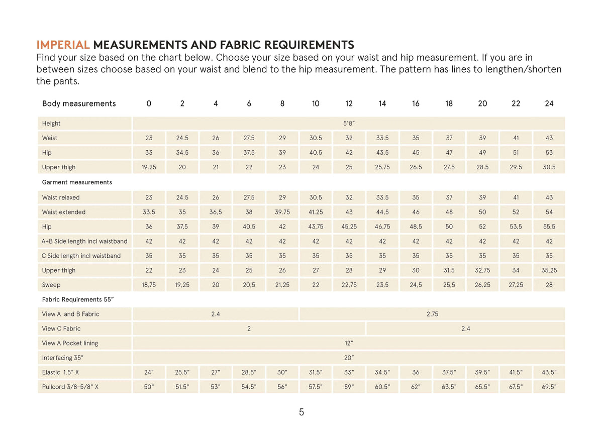 Wardrobe By Me High Waist Pants PDF sewing pattern, size chart page
