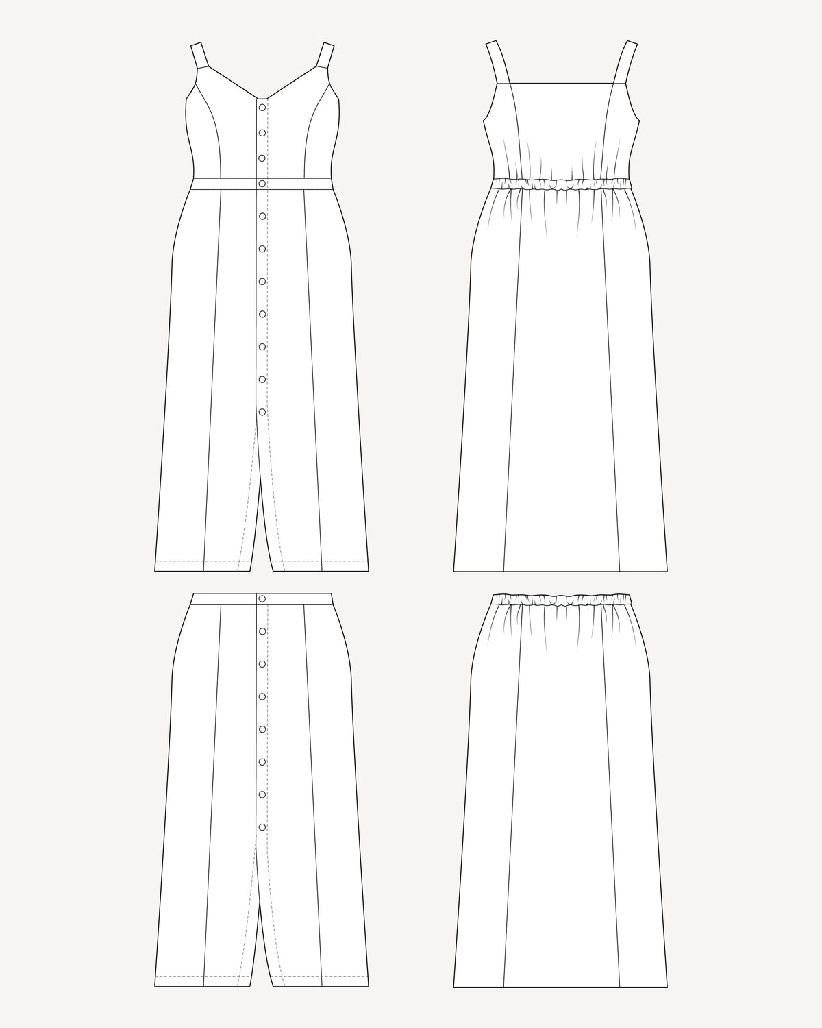 Cashmerette Holyoke Maxi Dress and Skirt PDF sewing pattern, line drawing of a dress and skirt