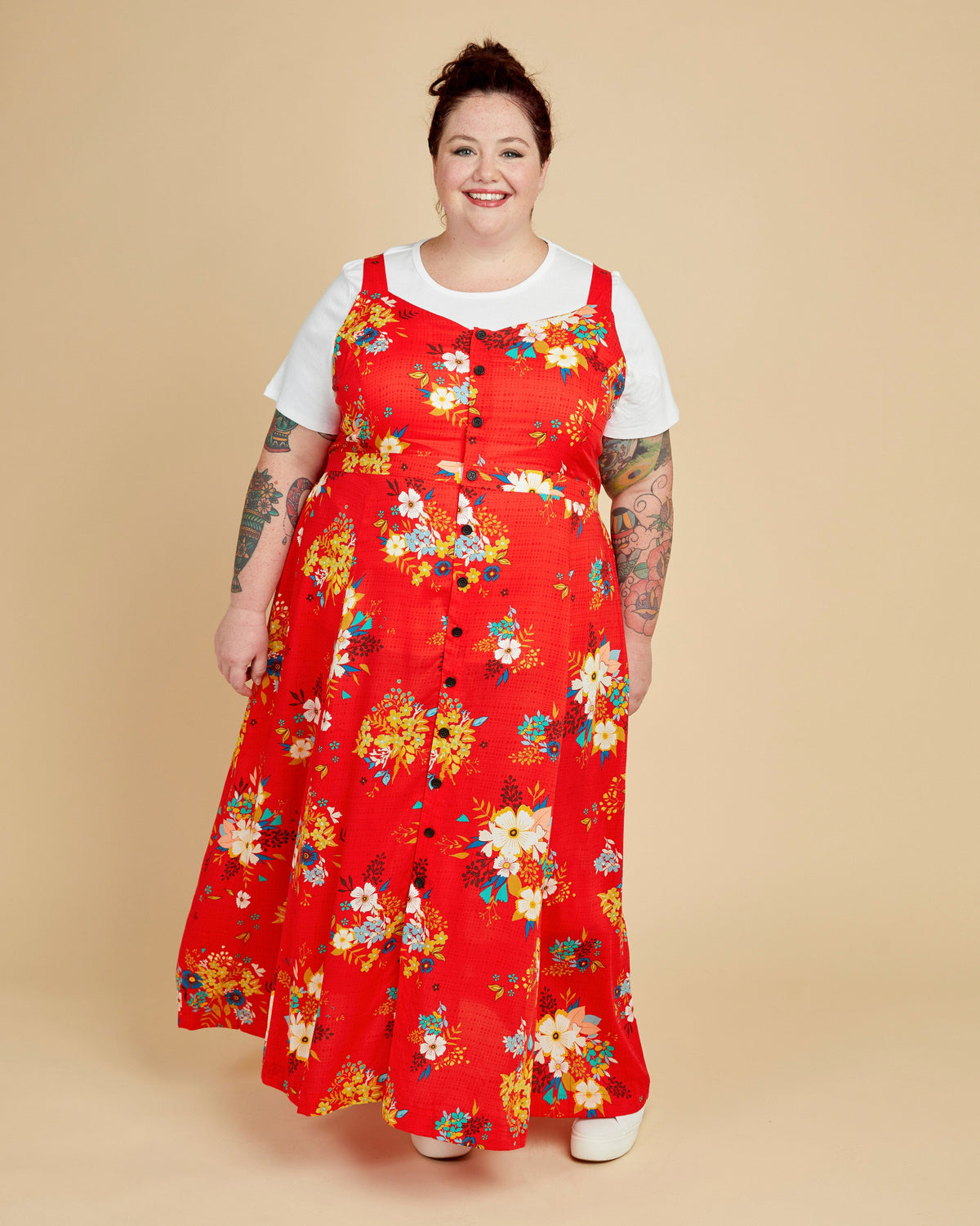 Cashmerette Holyoke Maxi Dress and Skirt PDF sewing pattern, person wearing a red floral dress