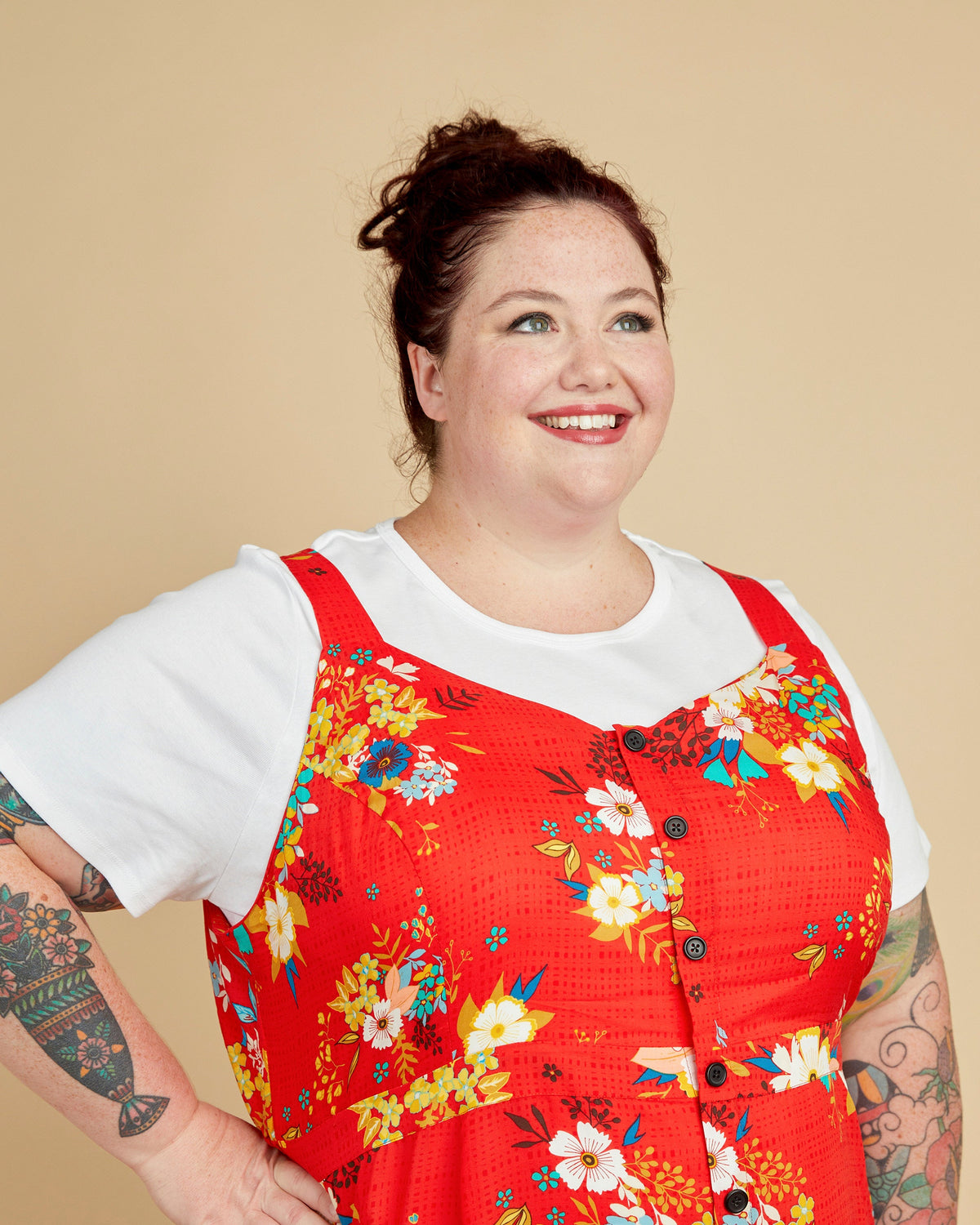 Cashmerette Holyoke Maxi Dress and Skirt PDF sewing pattern, woman wearing a red floral dress over a white shirt