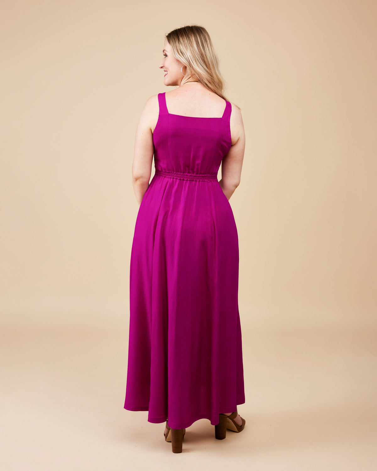 Cashmerette Holyoke Maxi Dress and Skirt PDF sewing pattern, woman wearing a long magenta dress