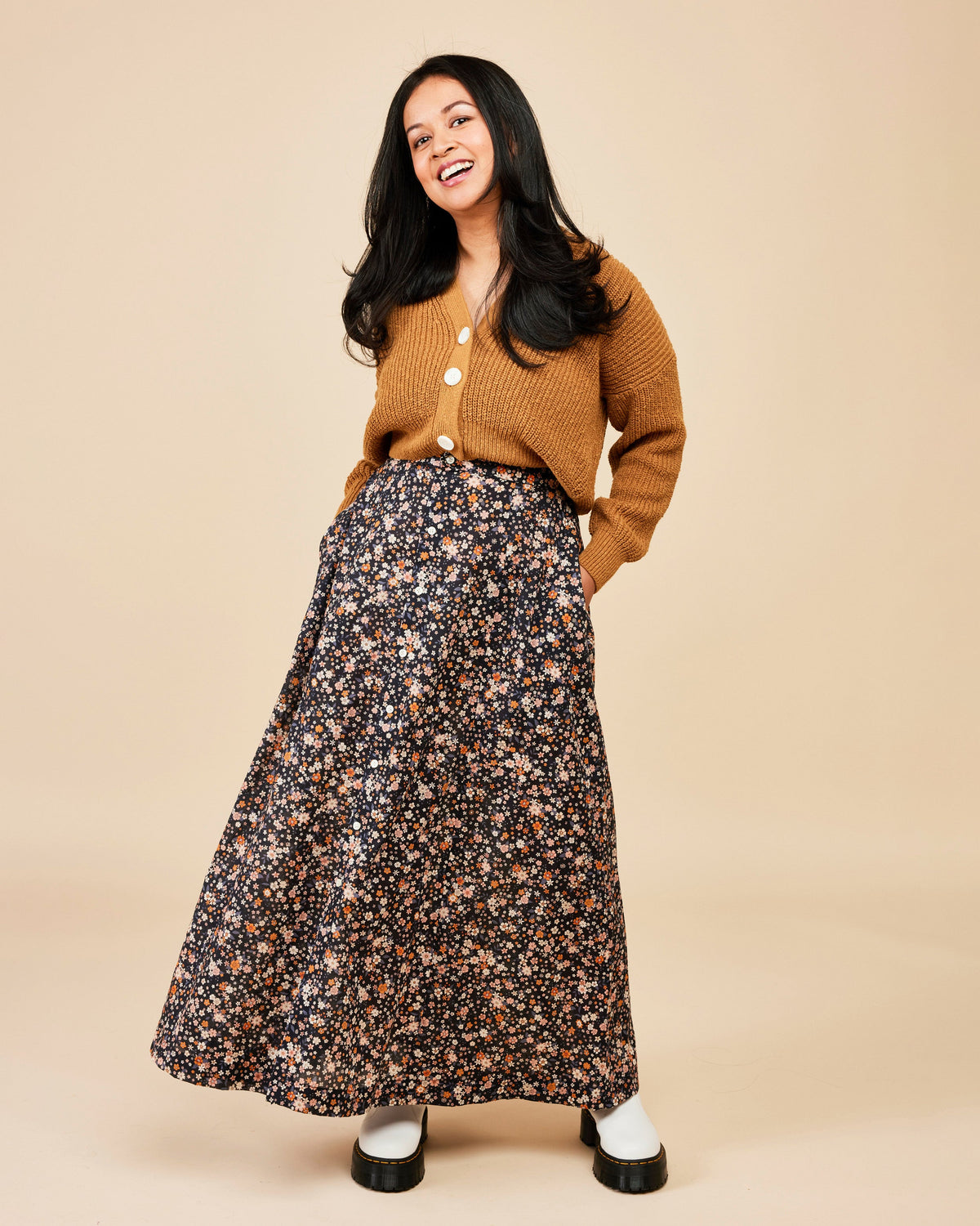 Cashmerette Holyoke Maxi Dress and Skirt PDF sewing pattern, woman wearing a mustard yellow cardigan and floral skirt