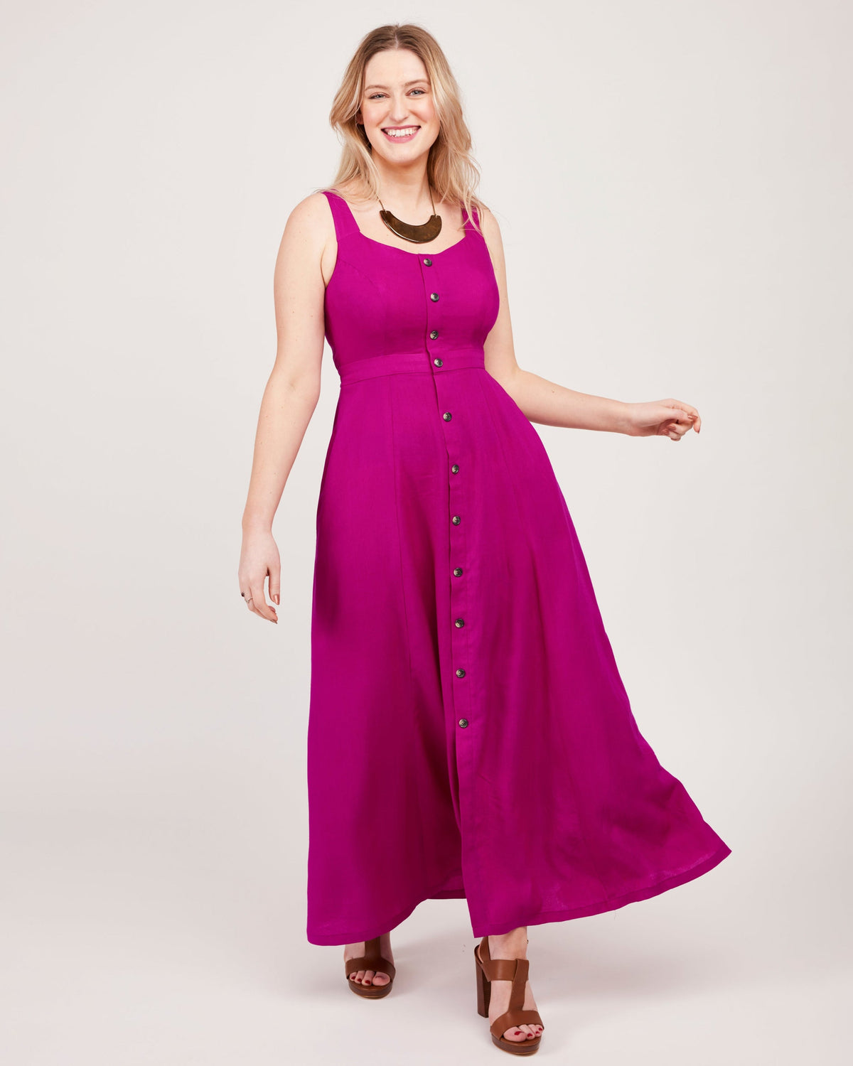 Cashmerette Holyoke Maxi Dress and Skirt PDF sewing pattern, woman wearing a pink dress with buttons
