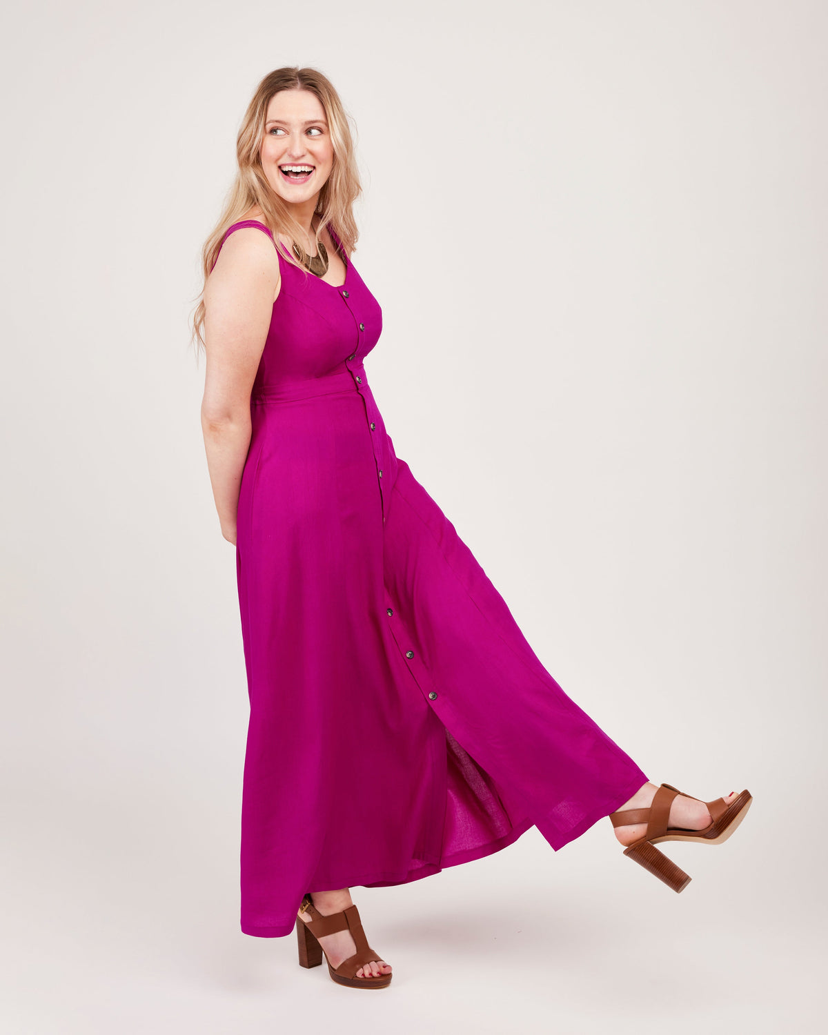 Cashmerette Holyoke Maxi Dress and Skirt PDF sewing pattern, woman wearing a bright pink dress