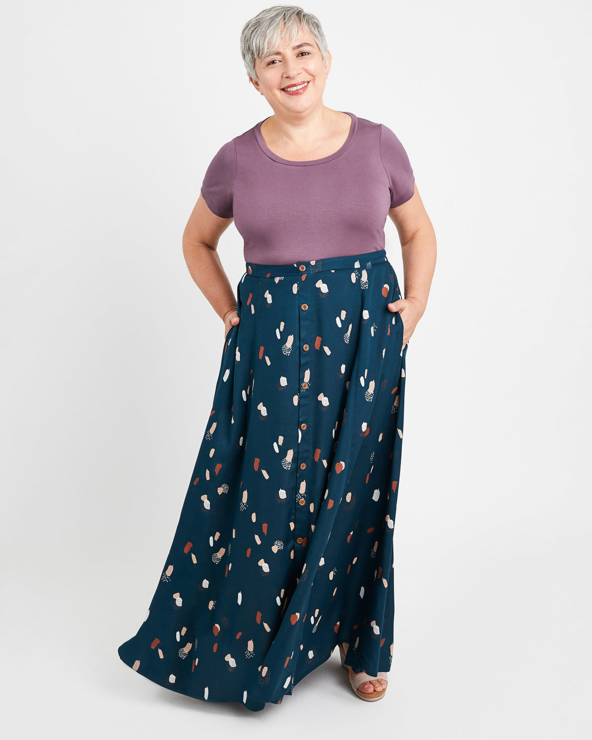 Cashmerette Holyoke Maxi Dress and Skirt PDF sewing pattern, woman wearing a purple top and navy patterned pants