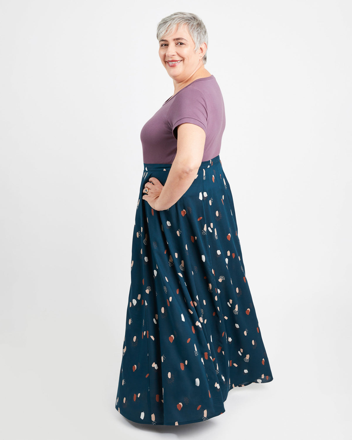 Cashmerette Holyoke Maxi Dress and Skirt PDF sewing pattern, woman wearing a purple top and blue skirt with a pattern