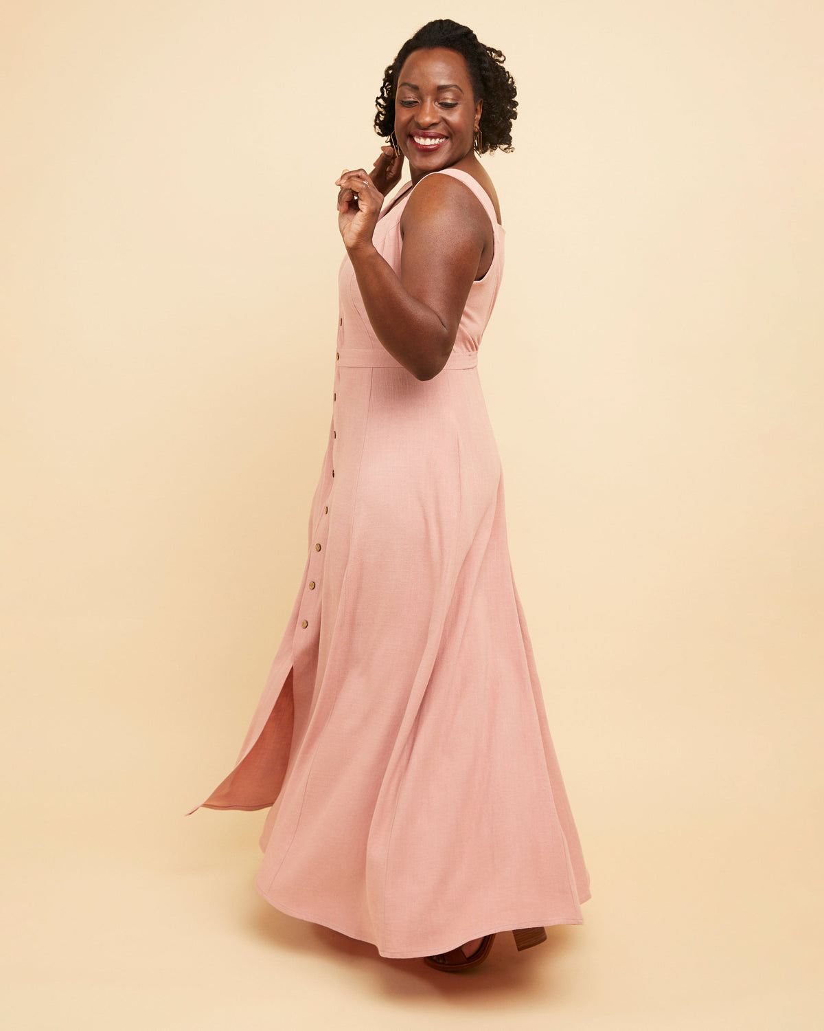 Cashmerette Holyoke Maxi Dress and Skirt PDF sewing pattern, woman wearing a pink dress