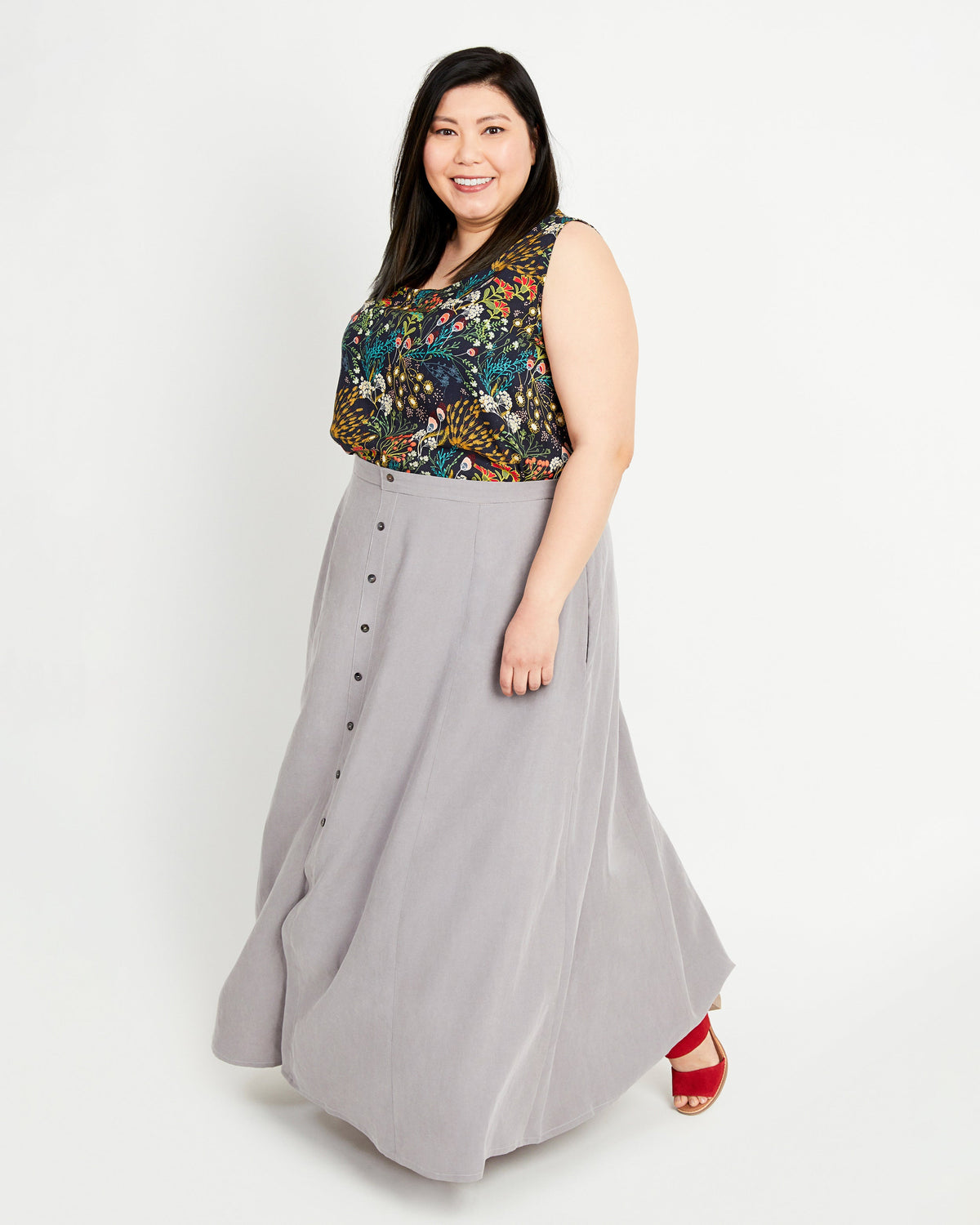Cashmerette Holyoke Maxi Dress and Skirt PDF sewing pattern, woman wearing a floral top and gray skirt, full length